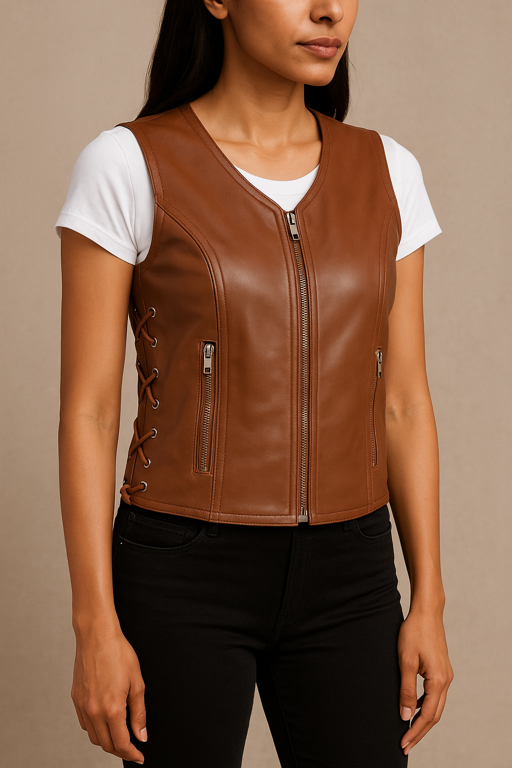 Women's Brown Leather Biker Vest – Slim Fit Real Lambskin Motorcycle Vest | Custom Handmade Modern Leather Vest for Women by PinnacleVista