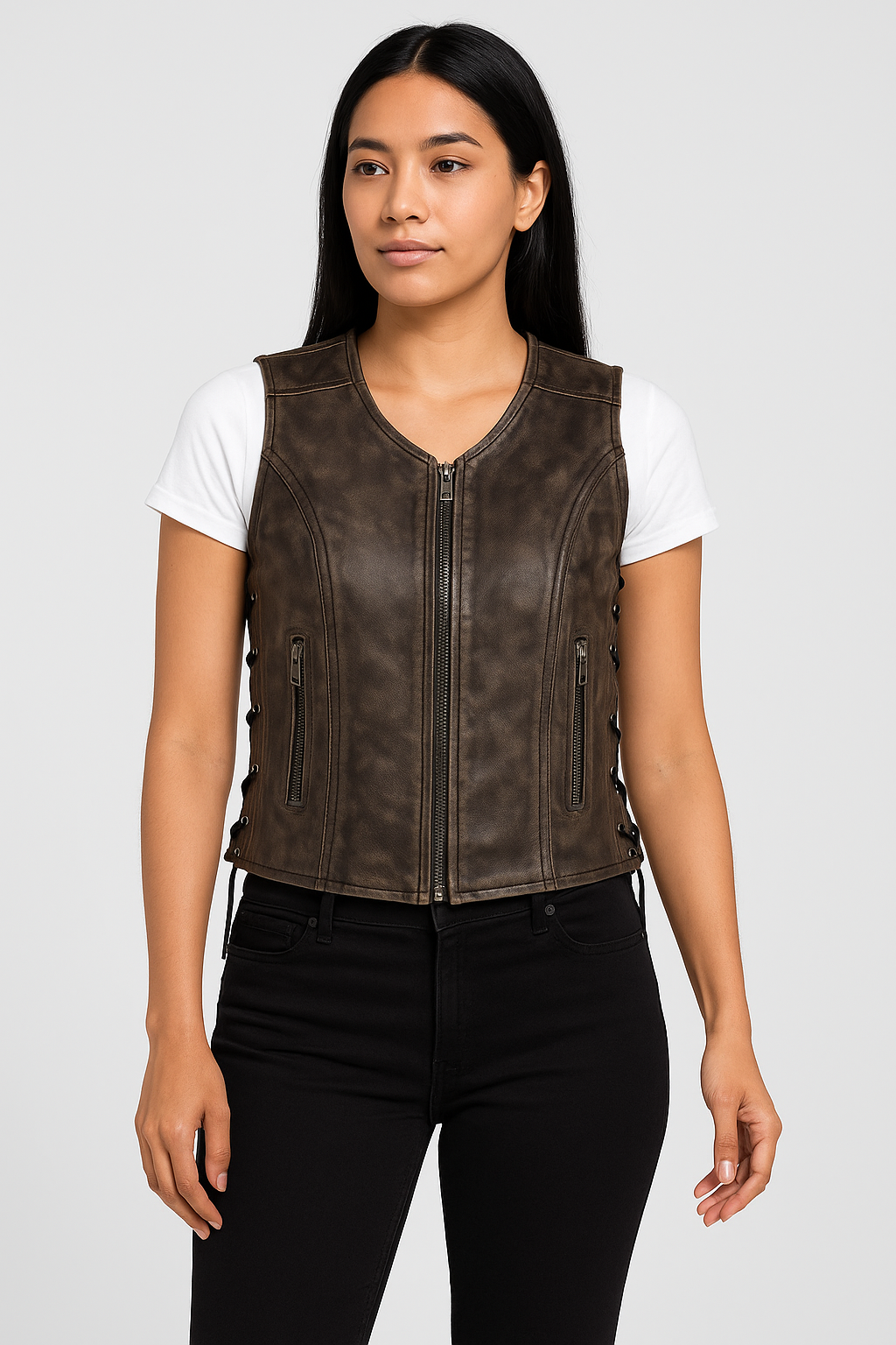 Women's Brown Leather Biker Vest – Slim Fit Real Lambskin Motorcycle Vest | Custom Handmade Modern Leather Vest for Women by PinnacleVista
