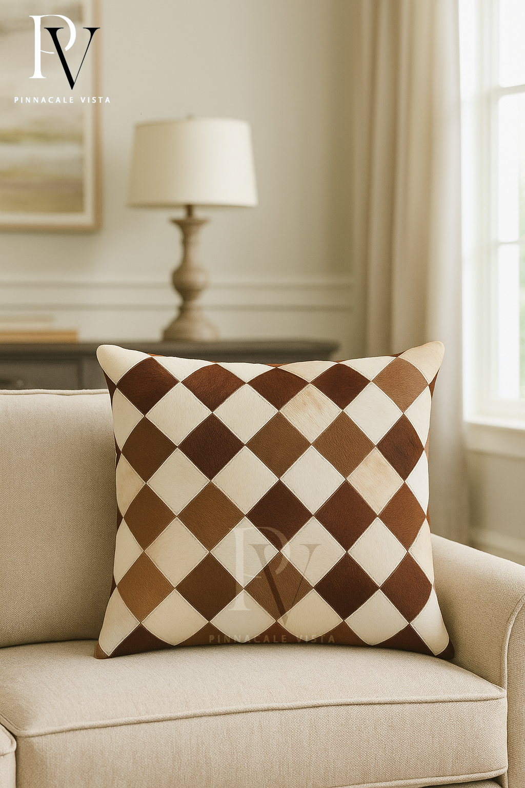 Brown & White checkered Patchwork Cowhide Pillow Covers – 16x16” Real Leather Cushion Covers | Handmade Patchwork Rustic Farmhouse Decor by Pinnacle Vista