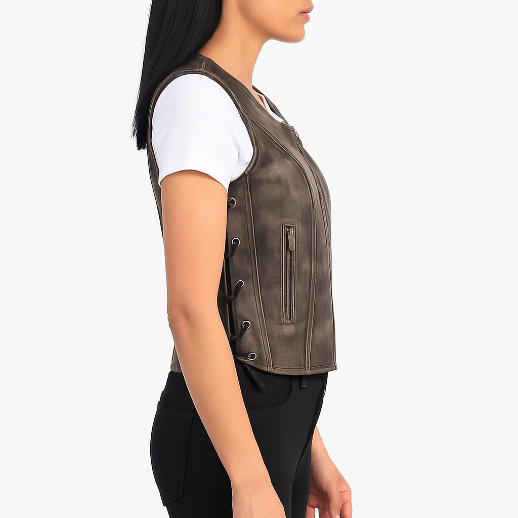 Women's Brown Leather Biker Vest – Slim Fit Real Lambskin Motorcycle Vest | Custom Handmade Modern Leather Vest for Women by PinnacleVista