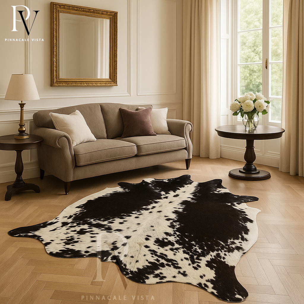 Genuine Brazilian Tricolor Cowhide Rug – Natural Hair-On Leather Area Rug 24.51 Sqft | Rustic & Modern Home Décor by Pinnacale Vista