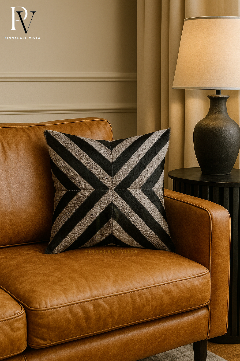 Black Gray White X-Pattern Cowhide Pillow Cover – 16x16” Brazilian Hair-on Leather Throw Cushion | Modern Rustic Decor by Pinnacale Vista