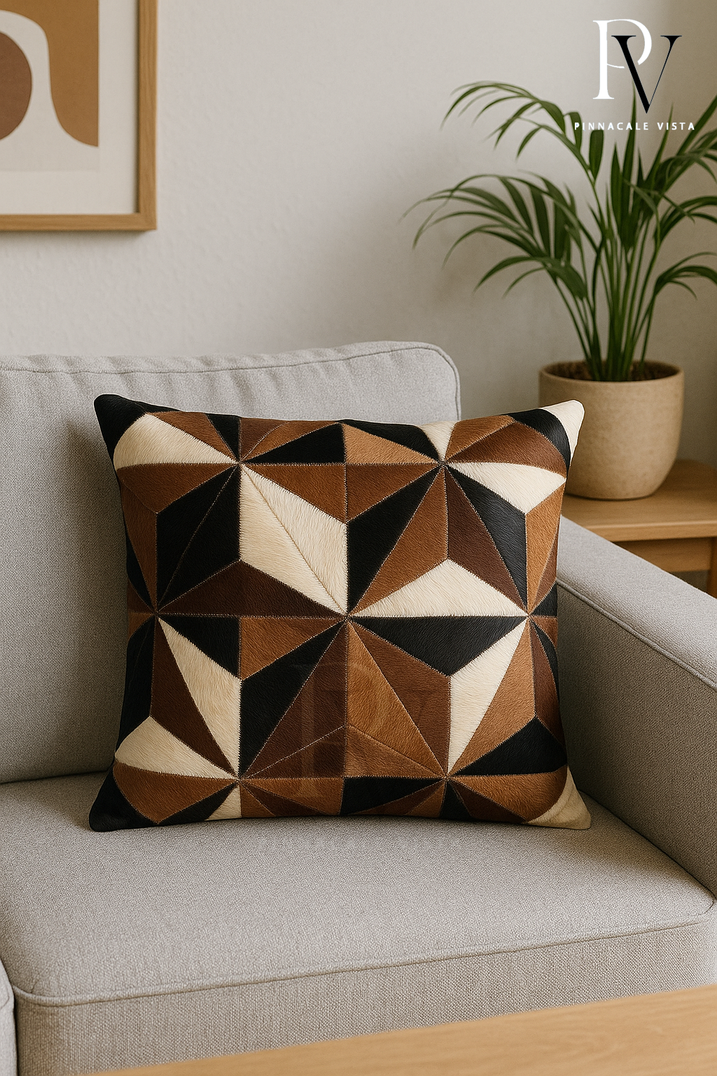 Black White Brown Geometric Cowhide Pillow Cover – 16x16” Brazilian Hair-on-Hide Cushion | Rustic Modern Throw Pillow by Pinnacale Vista