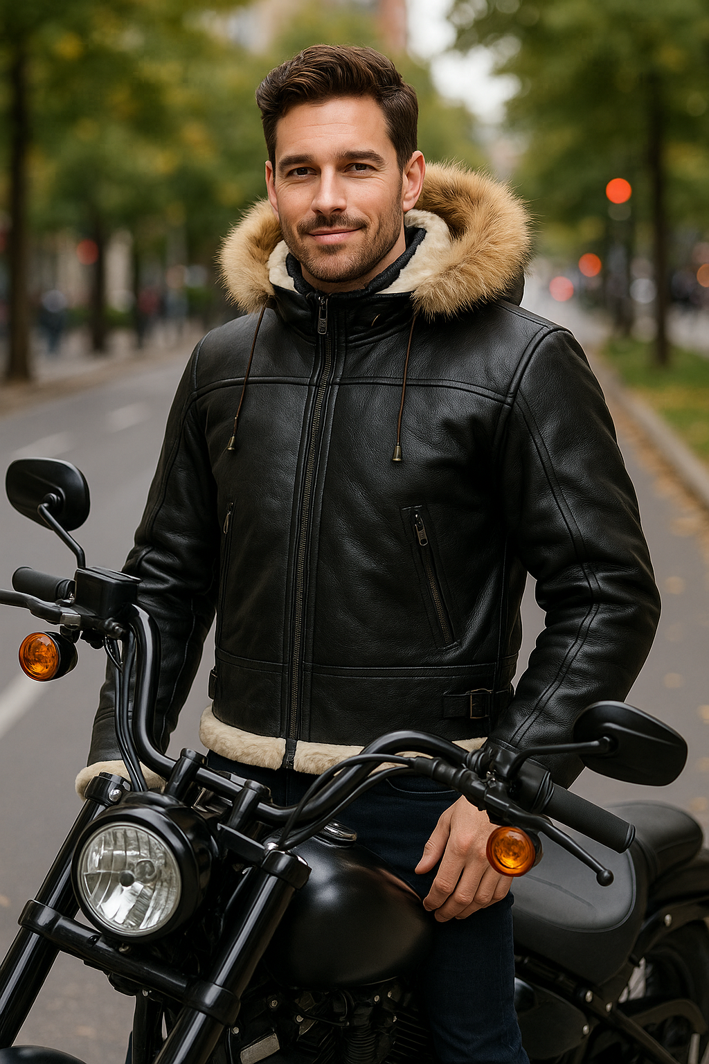 Men’s B3 Bomber Sheepskin Aviator Jacket with Removable Raccoon Fur Hood