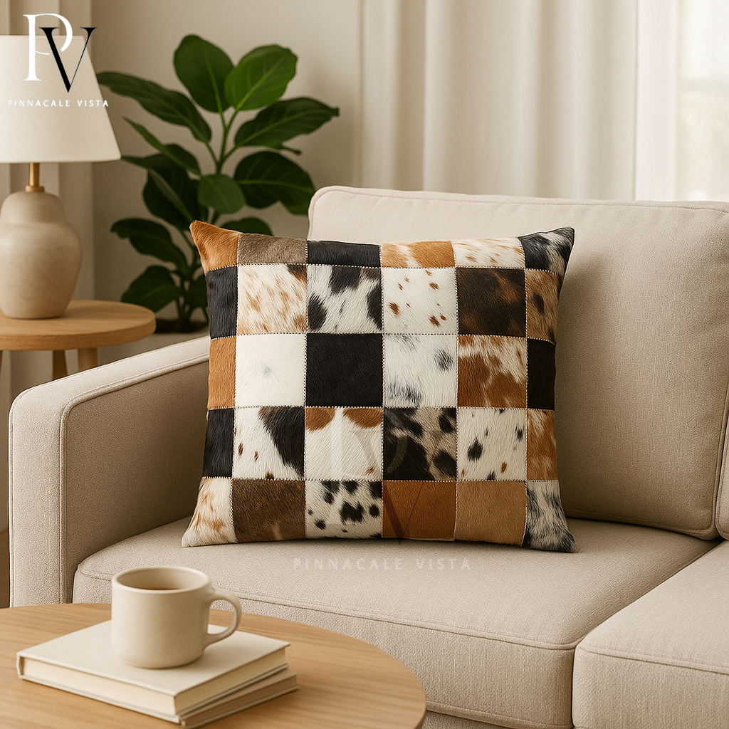 Tricolor Patchwork Cowhide Pillow Covers – 16x16” Real Brazilian Leather Cushion | Rustic Hair-on-Hide Throw Pillow by Pinnacle Vista
