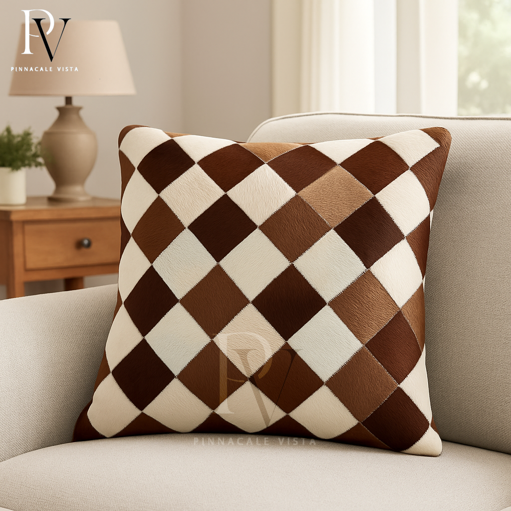 Brown & White checkered Patchwork Cowhide Pillow Covers – 16x16” Real Leather Cushion Covers | Handmade Patchwork Rustic Farmhouse Decor by Pinnacle Vista