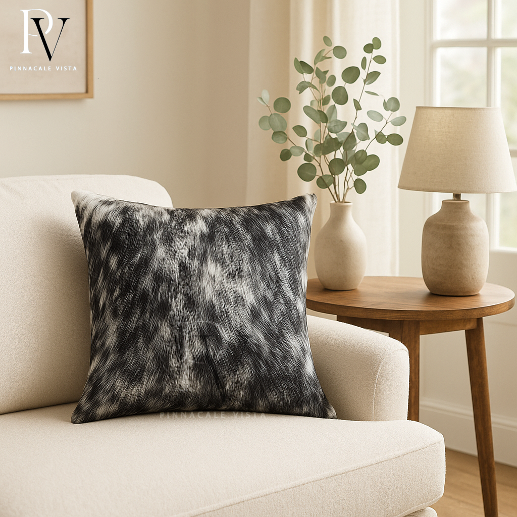 Tricolor Cowhide Pillow Covers – 16x16” Black Brown White Genuine Brazilian Leather | Rustic Hair-on-Hide Cushion by Pinnacle Vista