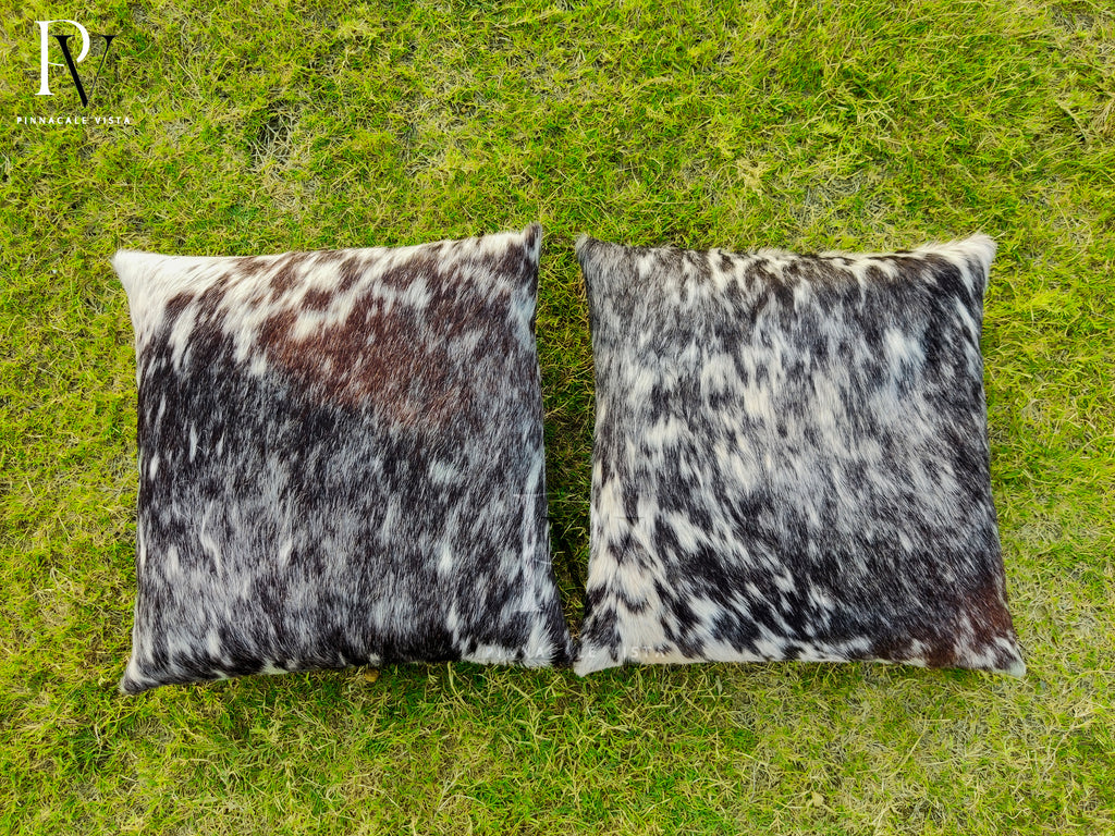 Tricolor Cowhide Pillow Covers – 16x16” Black Brown White Genuine Brazilian Leather | Rustic Hair-on-Hide Cushion by Pinnacle Vista