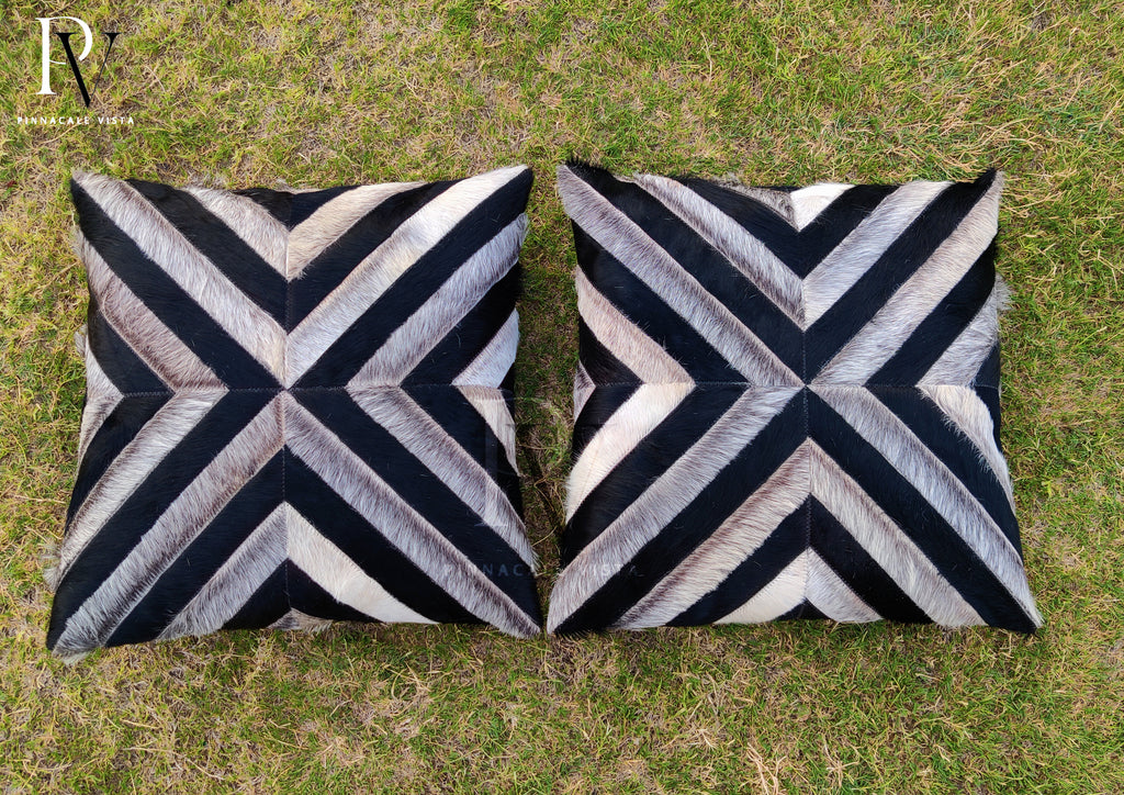 Black Gray White X-Pattern Cowhide Pillow Cover – 16x16” Brazilian Hair-on Leather Throw Cushion | Modern Rustic Decor by Pinnacale Vista