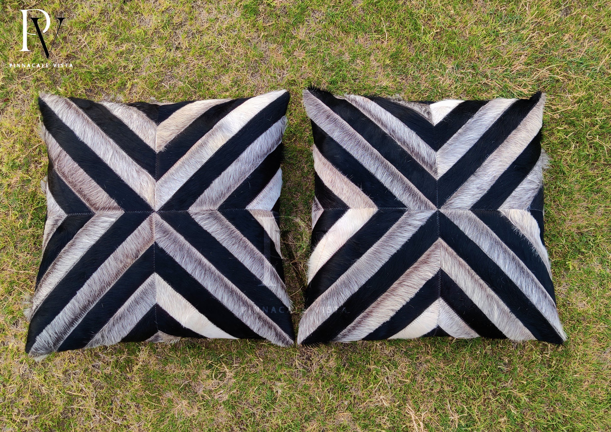 Black Gray White X-Pattern Cowhide Pillow Cover – 16x16” Brazilian Hair-on Leather Throw Cushion | Modern Rustic Decor by Pinnacale Vista