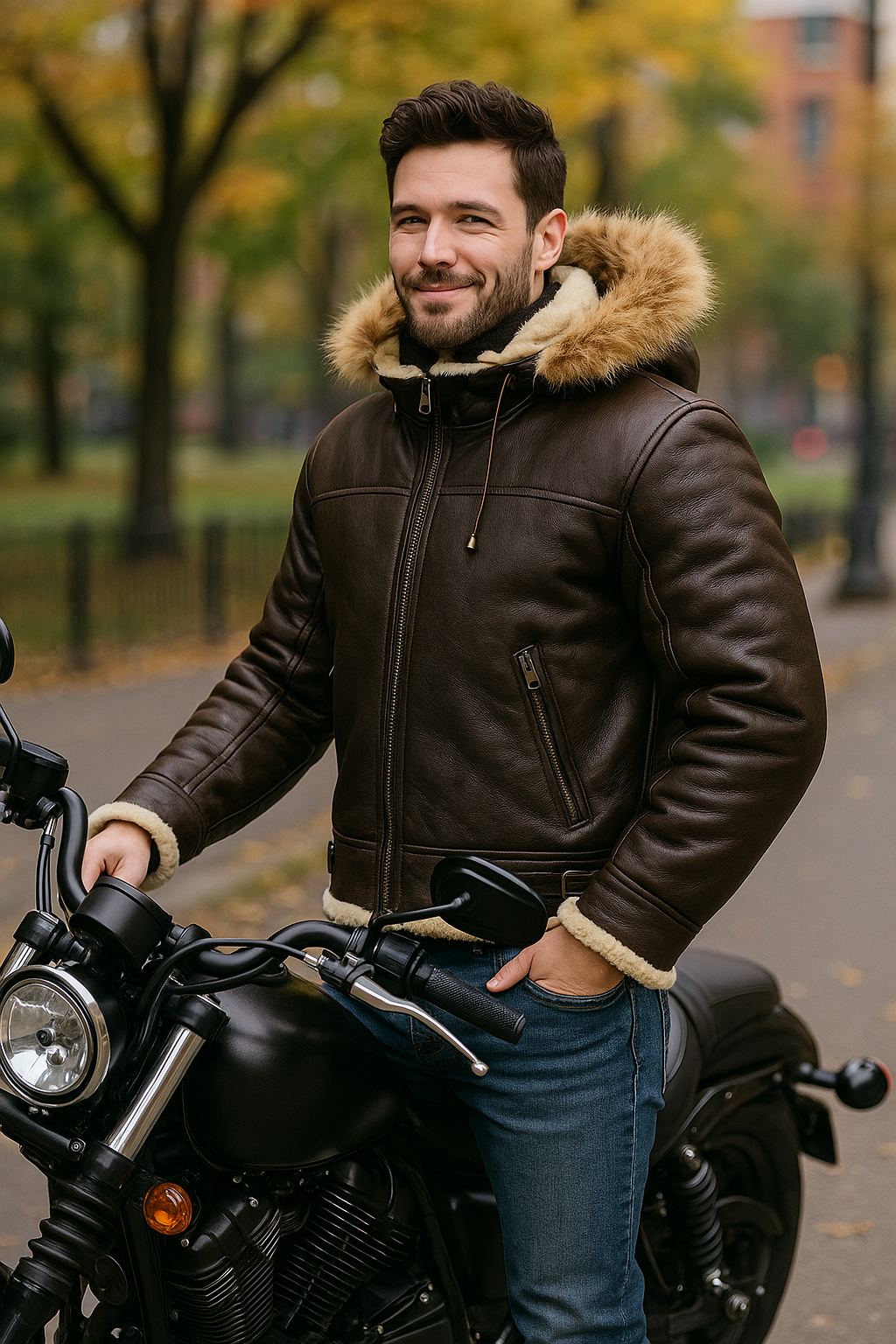 Men’s B3 Bomber Sheepskin Aviator Jacket with Removable Raccoon Fur Hood