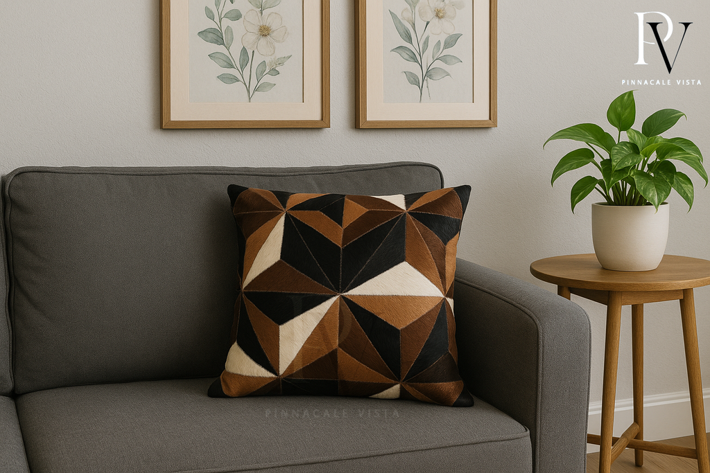 Black White Brown Geometric Cowhide Pillow Cover – 16x16” Brazilian Hair-on-Hide Cushion | Rustic Modern Throw Pillow by Pinnacale Vista