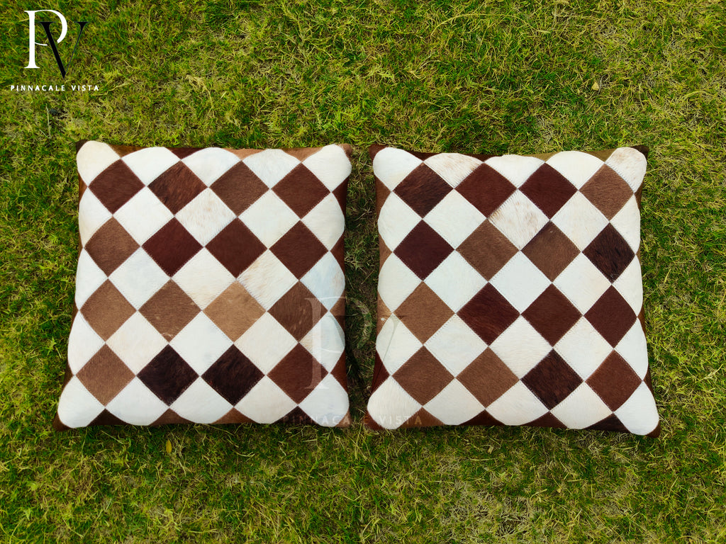 Brown & White checkered Patchwork Cowhide Pillow Covers – 16x16” Real Leather Cushion Covers | Handmade Patchwork Rustic Farmhouse Decor by Pinnacle Vista