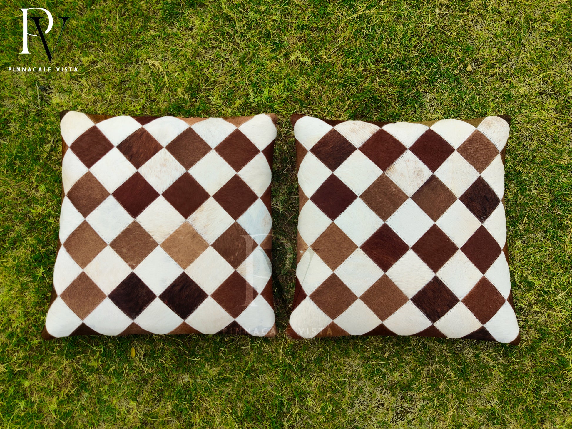 Brown & White checkered Patchwork Cowhide Pillow Covers – 16x16” Real Leather Cushion Covers | Handmade Patchwork Rustic Farmhouse Decor by Pinnacle Vista