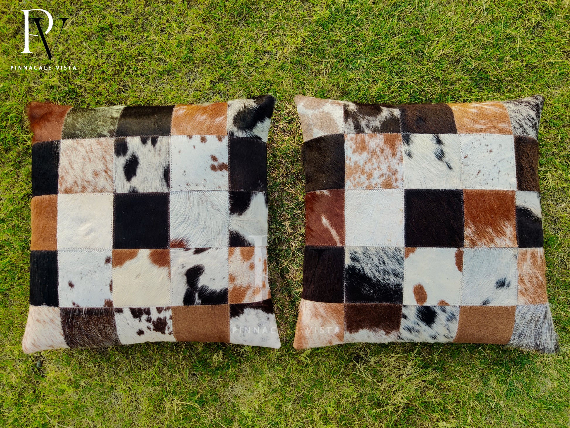 Tricolor Patchwork Cowhide Pillow Covers – 16x16” Real Brazilian Leather Cushion | Rustic Hair-on-Hide Throw Pillow by Pinnacle Vista