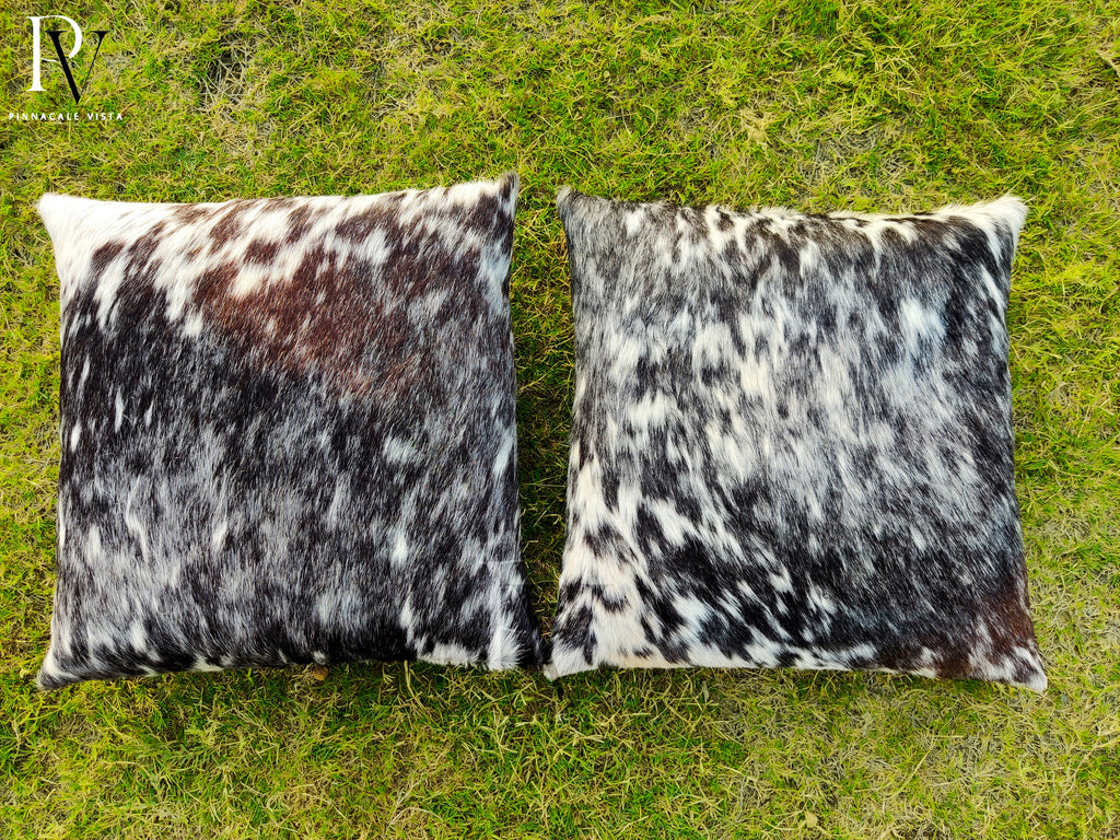 Tricolor Cowhide Pillow Covers – 16x16” Black Brown White Genuine Brazilian Leather | Rustic Hair-on-Hide Cushion by Pinnacle Vista