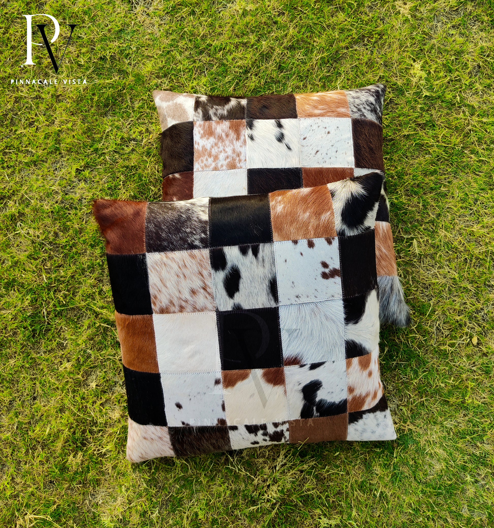 Tricolor Patchwork Cowhide Pillow Covers – 16x16” Real Brazilian Leather Cushion | Rustic Hair-on-Hide Throw Pillow by Pinnacle Vista