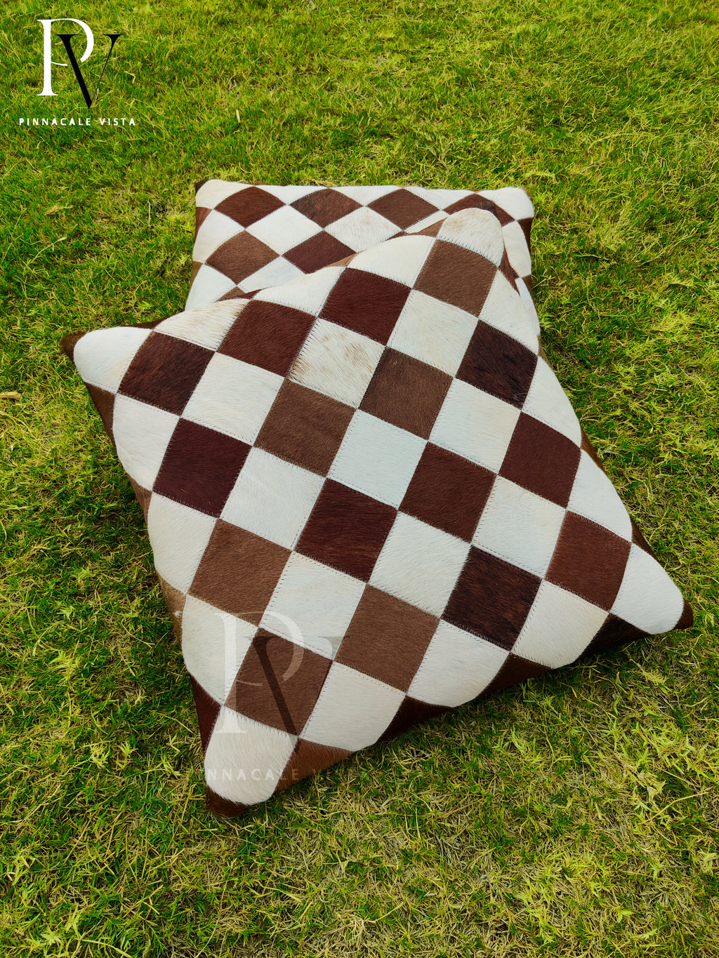 Brown & White checkered Patchwork Cowhide Pillow Covers – 16x16” Real Leather Cushion Covers | Handmade Patchwork Rustic Farmhouse Decor by Pinnacle Vista