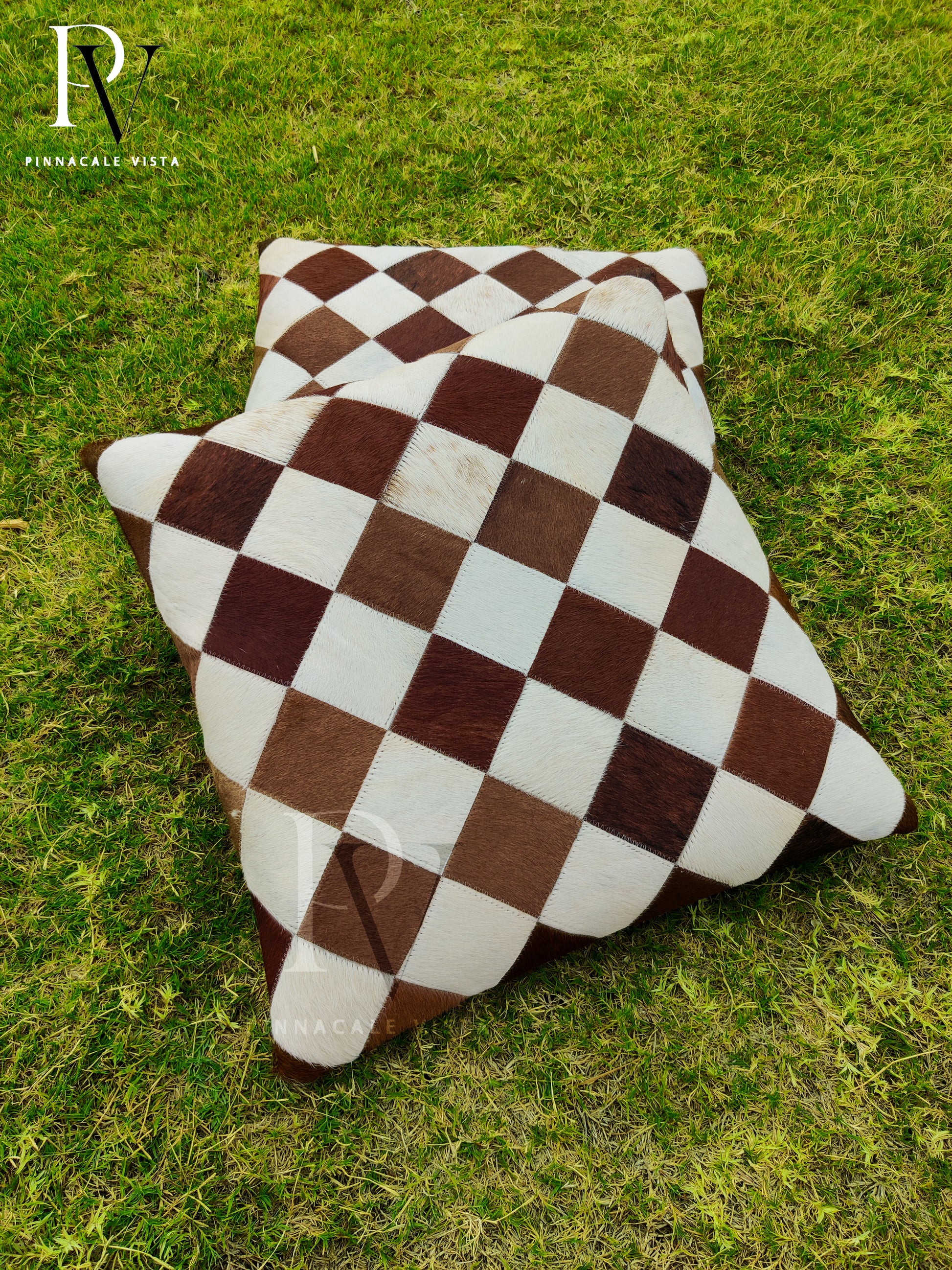 Brown & White checkered Patchwork Cowhide Pillow Covers – 16x16” Real Leather Cushion Covers | Handmade Patchwork Rustic Farmhouse Decor by Pinnacle Vista