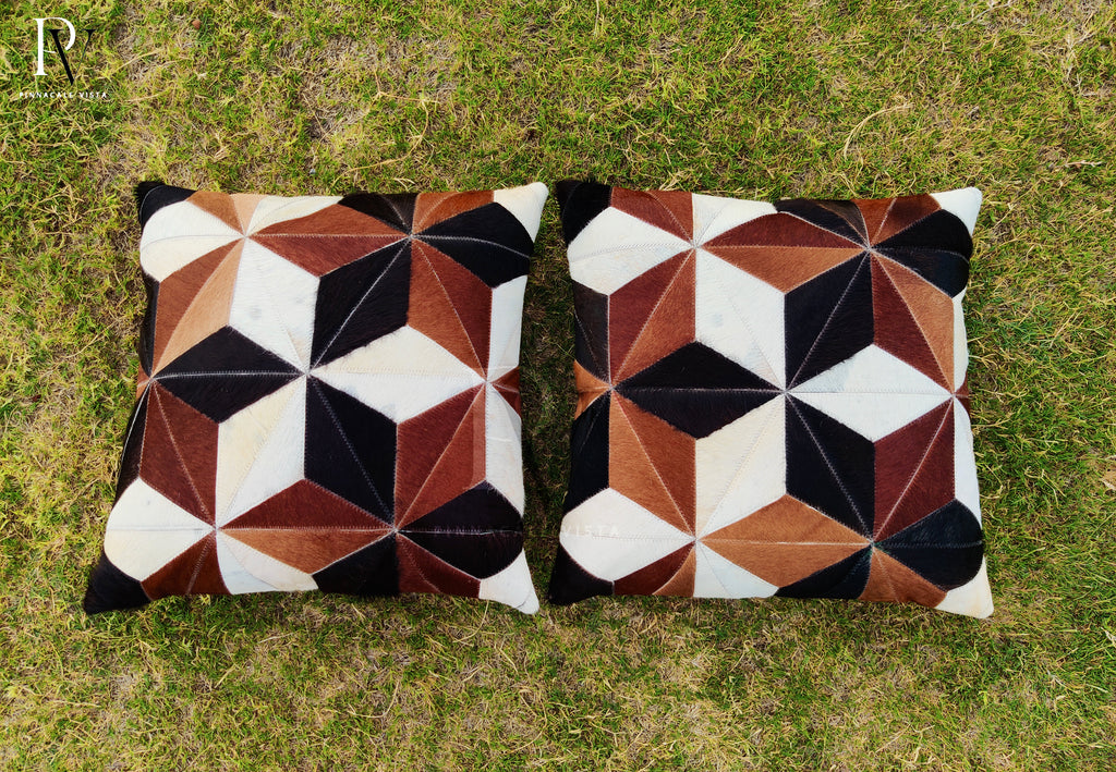 Black White Brown Geometric Cowhide Pillow Cover – 16x16” Brazilian Hair-on-Hide Cushion | Rustic Modern Throw Pillow by Pinnacale Vista