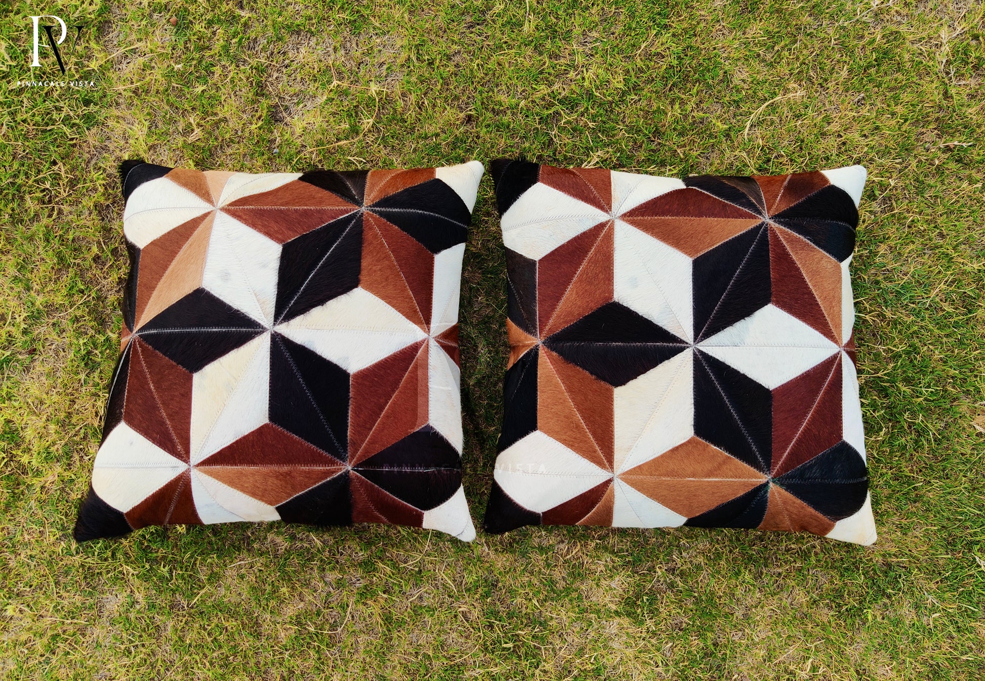 Black White Brown Geometric Cowhide Pillow Cover – 16x16” Brazilian Hair-on-Hide Cushion | Rustic Modern Throw Pillow by Pinnacale Vista