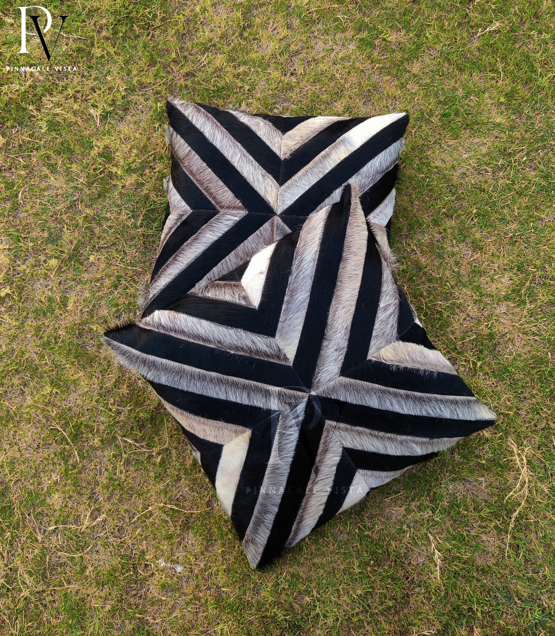 Black Gray White X-Pattern Cowhide Pillow Cover – 16x16” Brazilian Hair-on Leather Throw Cushion | Modern Rustic Decor by Pinnacale Vista