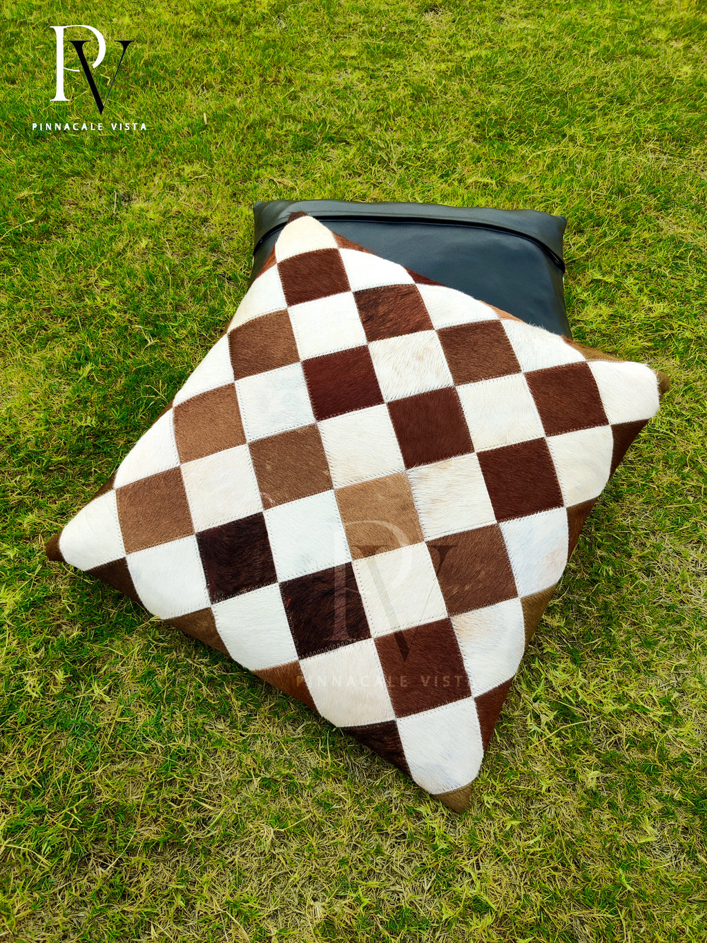Brown & White checkered Patchwork Cowhide Pillow Covers – 16x16” Real Leather Cushion Covers | Handmade Patchwork Rustic Farmhouse Decor by Pinnacle Vista