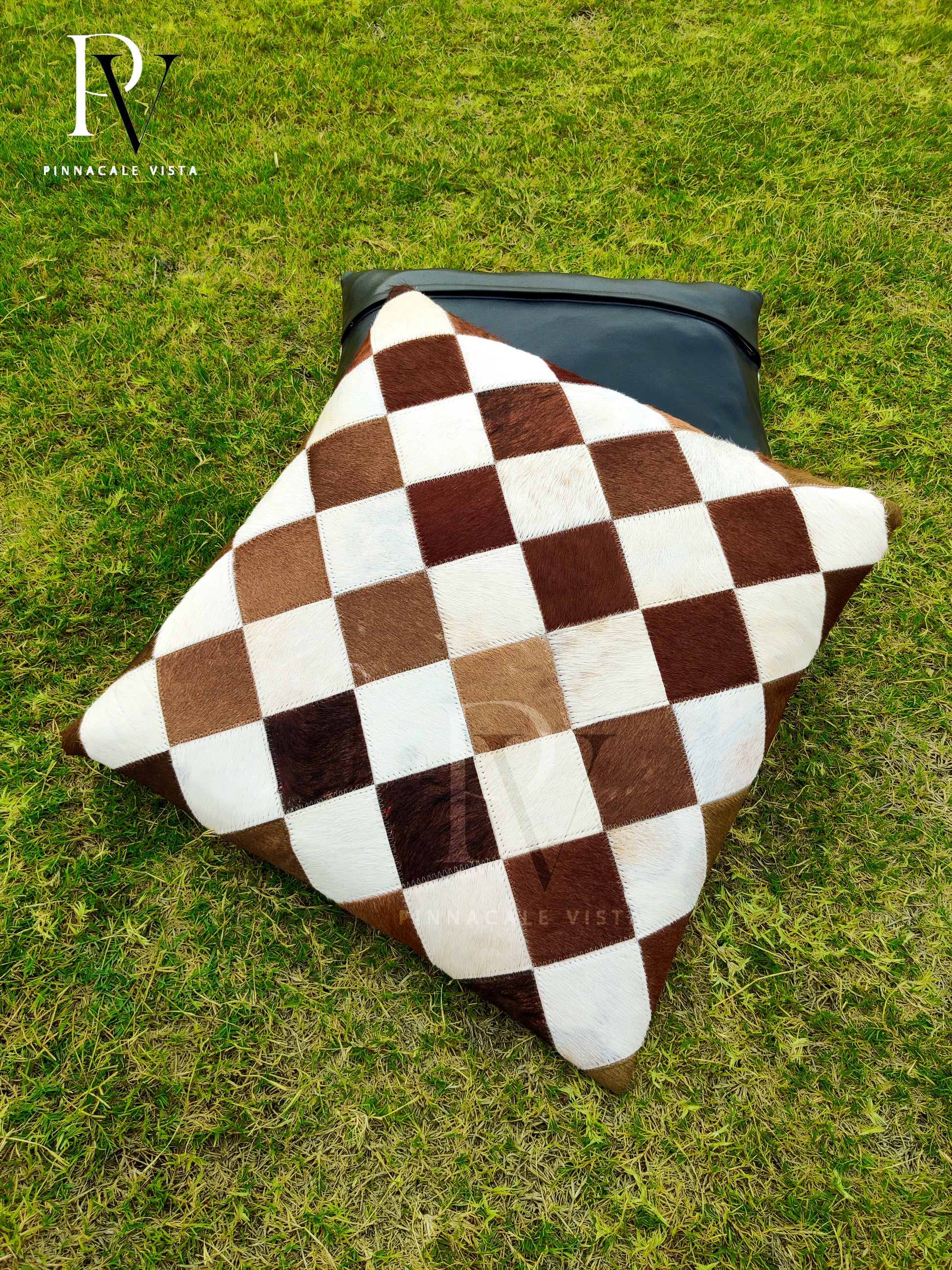 Brown & White checkered Patchwork Cowhide Pillow Covers – 16x16” Real Leather Cushion Covers | Handmade Patchwork Rustic Farmhouse Decor by Pinnacle Vista