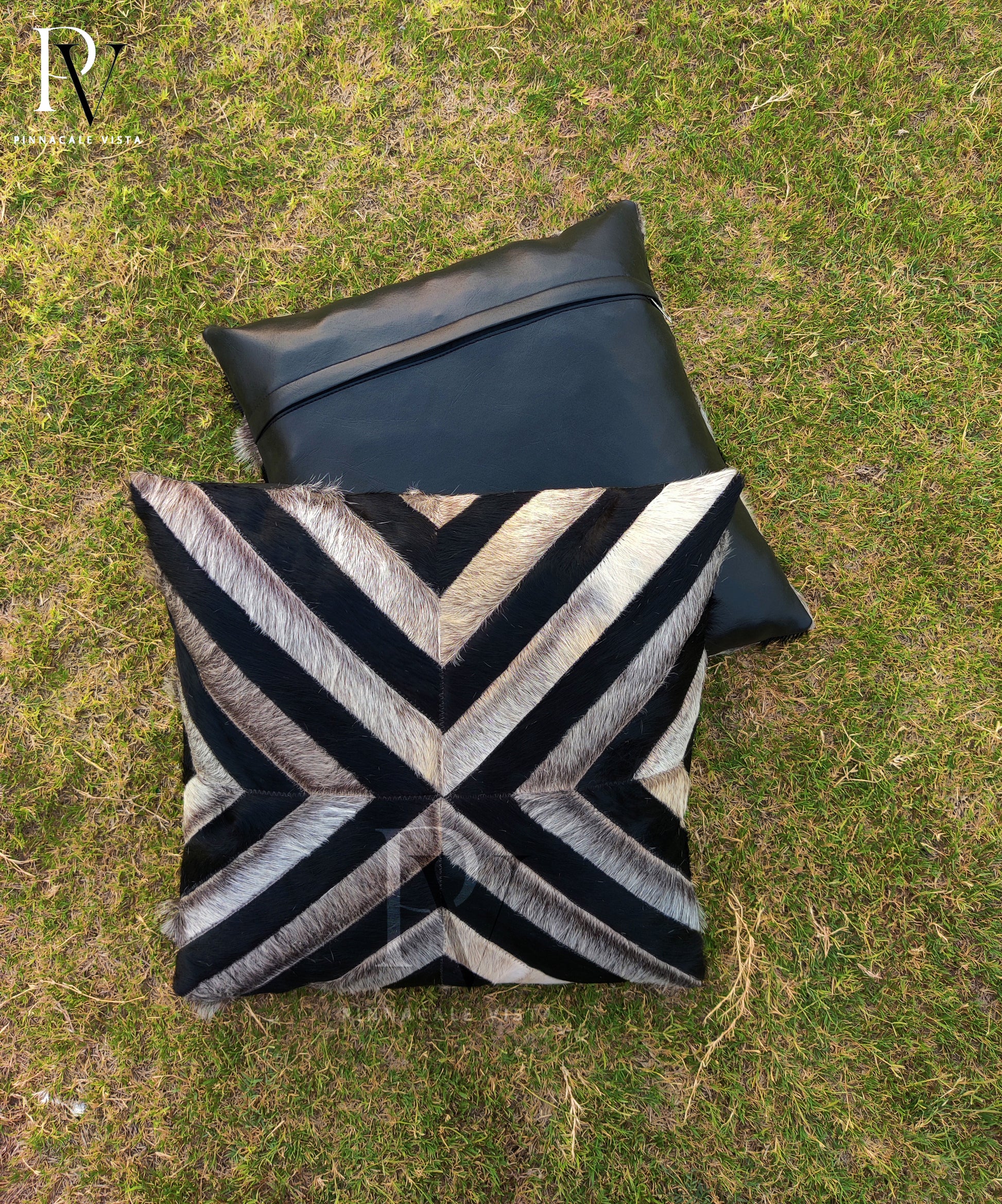 Black Gray White X-Pattern Cowhide Pillow Cover – 16x16” Brazilian Hair-on Leather Throw Cushion | Modern Rustic Decor by Pinnacale Vista