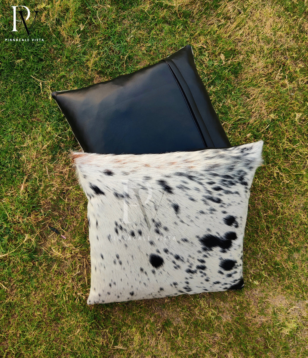 Black & White Cowhide Pillow Covers – 16x16” Handmade Brazilian Hair-on Leather Cushion Cover | Rustic Modern Throw Pillow by Pinnacale Vista