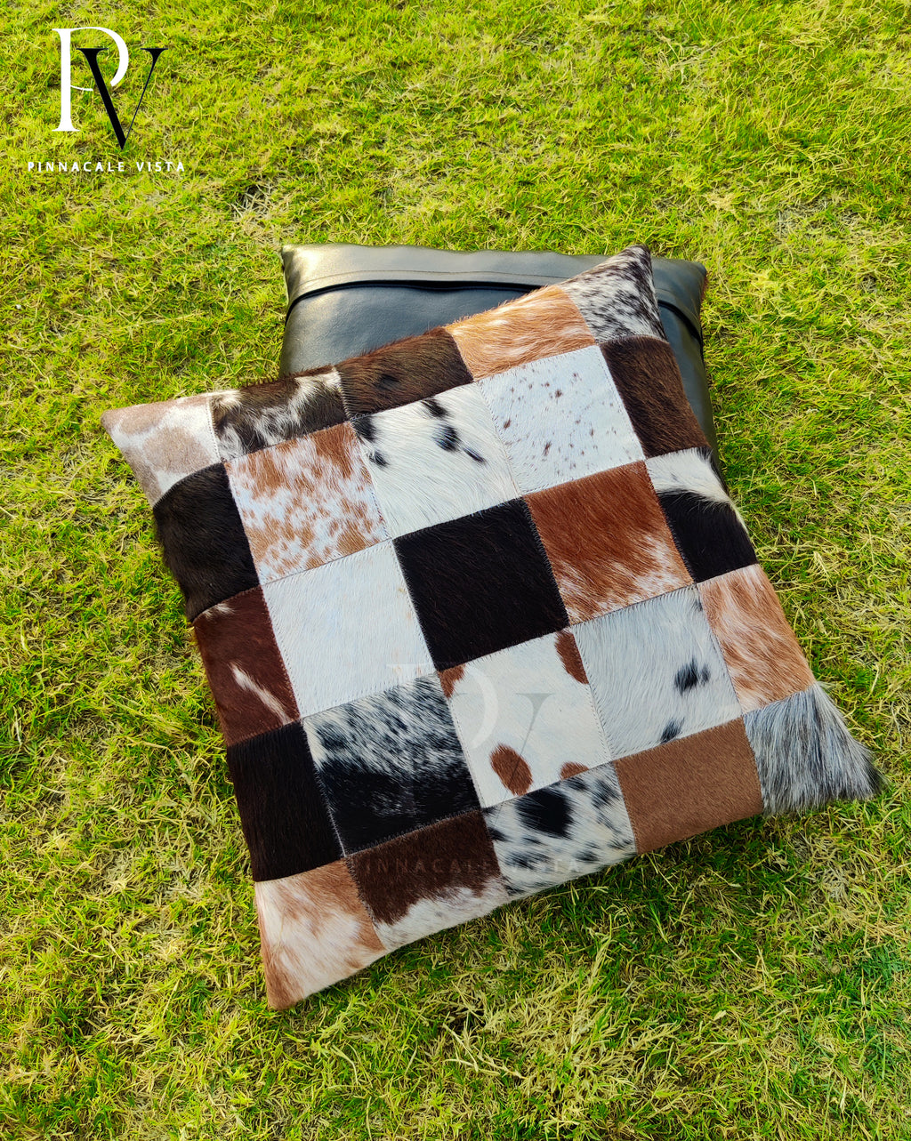 Tricolor Patchwork Cowhide Pillow Covers – 16x16” Real Brazilian Leather Cushion | Rustic Hair-on-Hide Throw Pillow by Pinnacle Vista