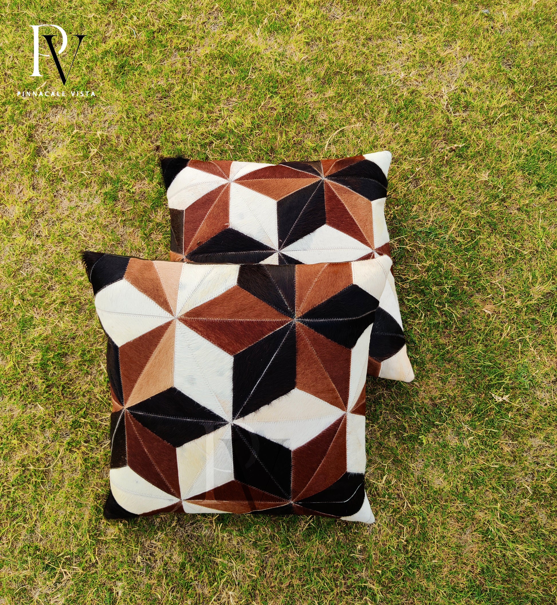 Black White Brown Geometric Cowhide Pillow Cover – 16x16” Brazilian Hair-on-Hide Cushion | Rustic Modern Throw Pillow by Pinnacale Vista