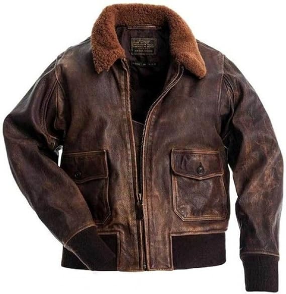 Men’s G-1 Navy Flight Jacket – Real Goatskin Leather Pilot Bomber Coat with Fur Collar | Distressed Brown Military Jacket | Pinnacle Vista