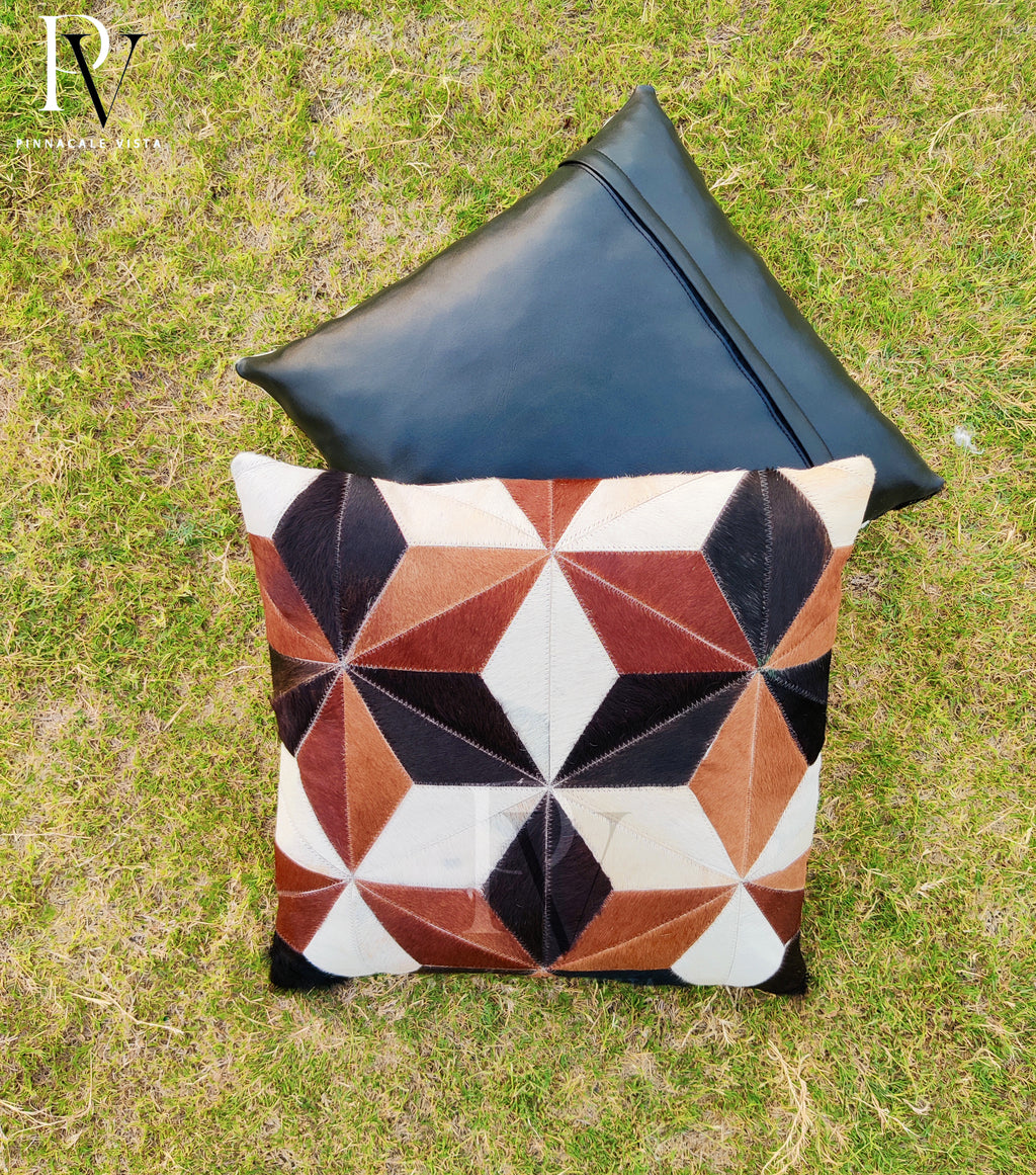 Black White Brown Geometric Cowhide Pillow Cover – 16x16” Brazilian Hair-on-Hide Cushion | Rustic Modern Throw Pillow by Pinnacale Vista
