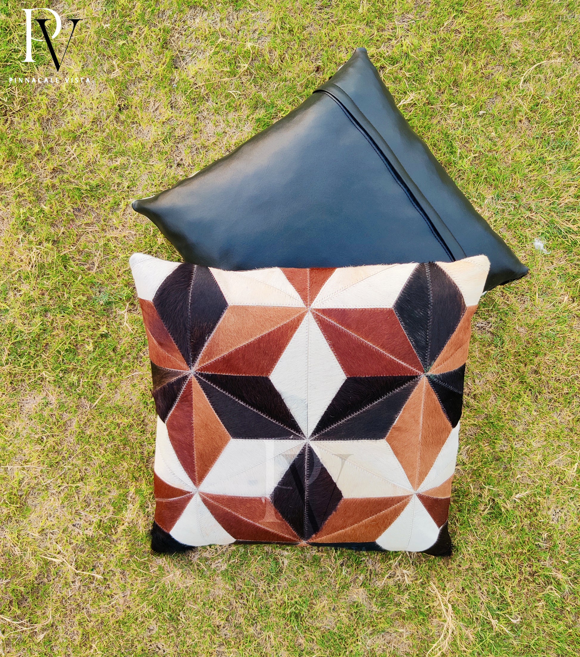 Black White Brown Geometric Cowhide Pillow Cover – 16x16” Brazilian Hair-on-Hide Cushion | Rustic Modern Throw Pillow by Pinnacale Vista