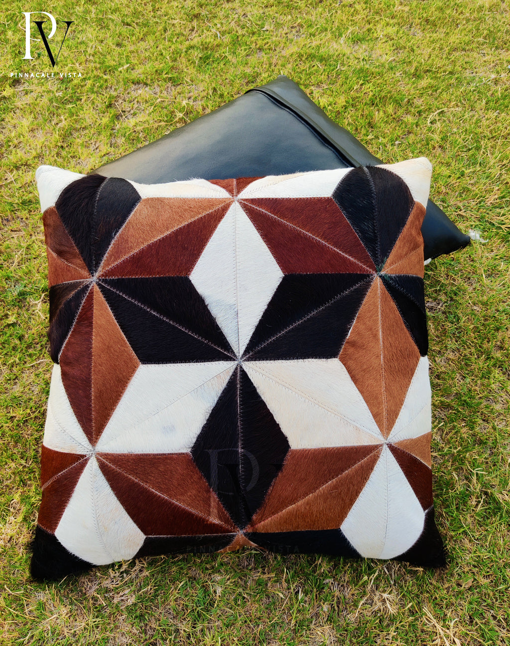 Black White Brown Geometric Cowhide Pillow Cover – 16x16” Brazilian Hair-on-Hide Cushion | Rustic Modern Throw Pillow by Pinnacale Vista