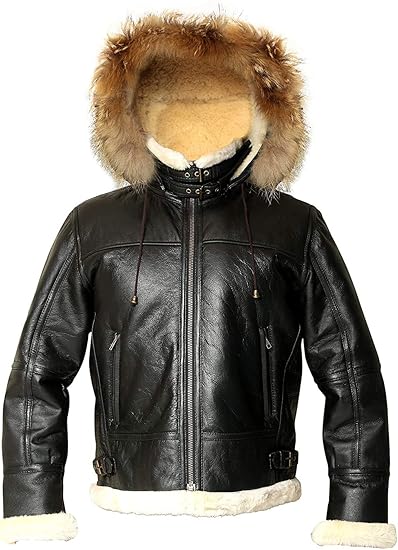 Men’s B3 Bomber Sheepskin Aviator Jacket with Removable Raccoon Fur Hood