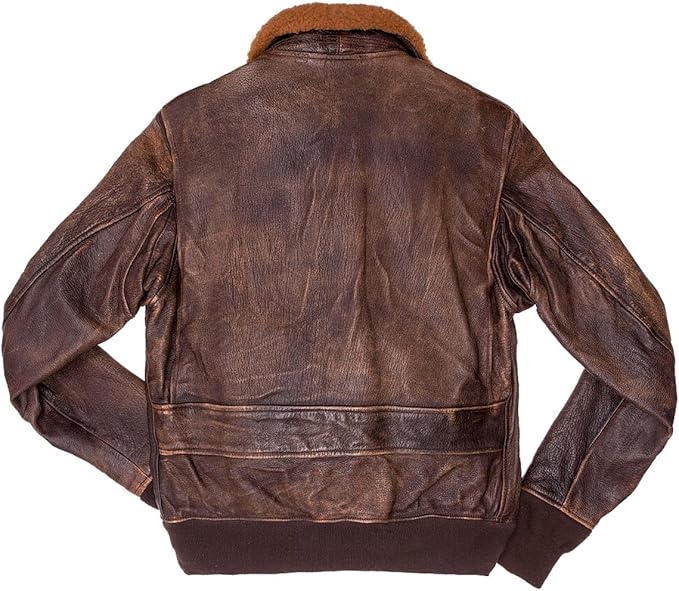 Men’s G-1 Navy Flight Jacket – Real Goatskin Leather Pilot Bomber Coat with Fur Collar | Distressed Brown Military Jacket | Pinnacle Vista