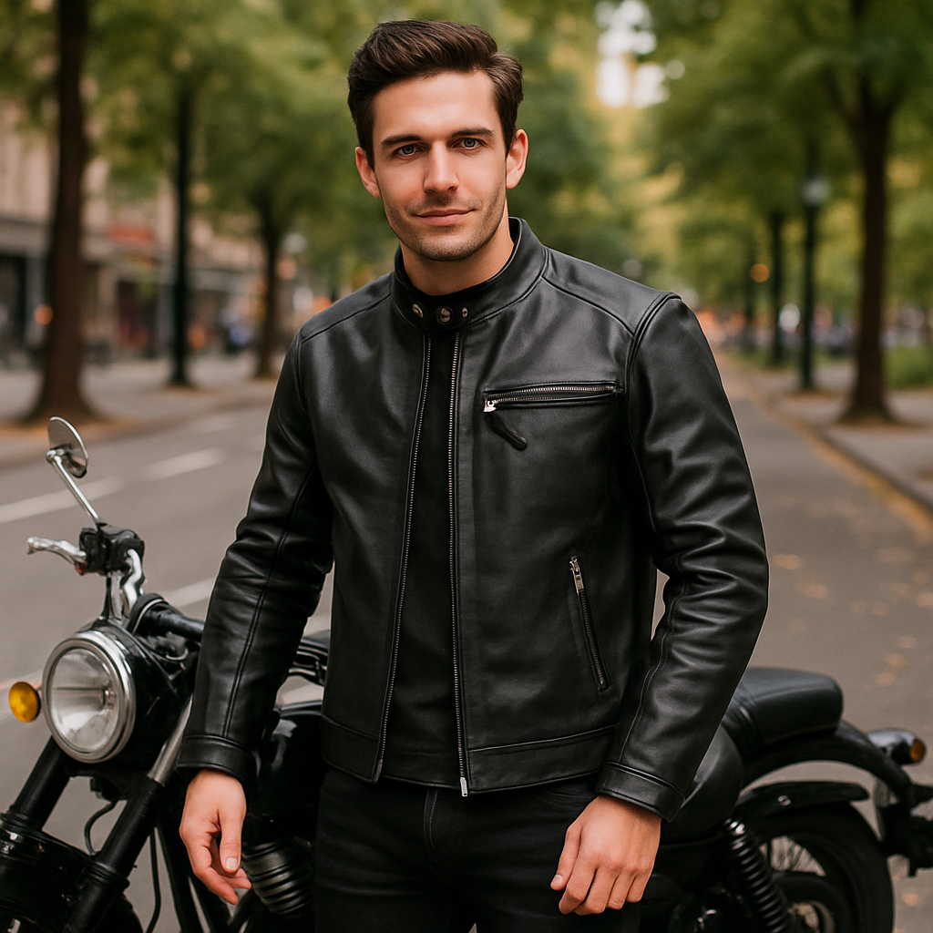 Men's Black Real Cowhide Leather Biker Jacket – Vintage Slim Fit Motorcycle Coat | Pinnacle Vista