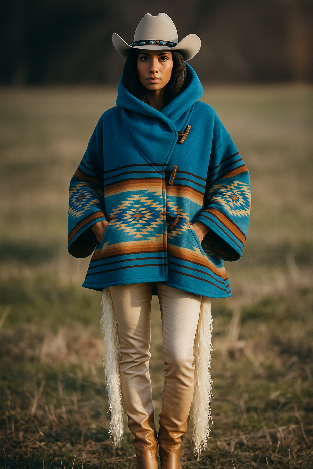 Women’s Yellowstone Beth Dutton Blue Fleece Coat – Season 3 TV-Inspired Hooded Poncho | PinnacleVista