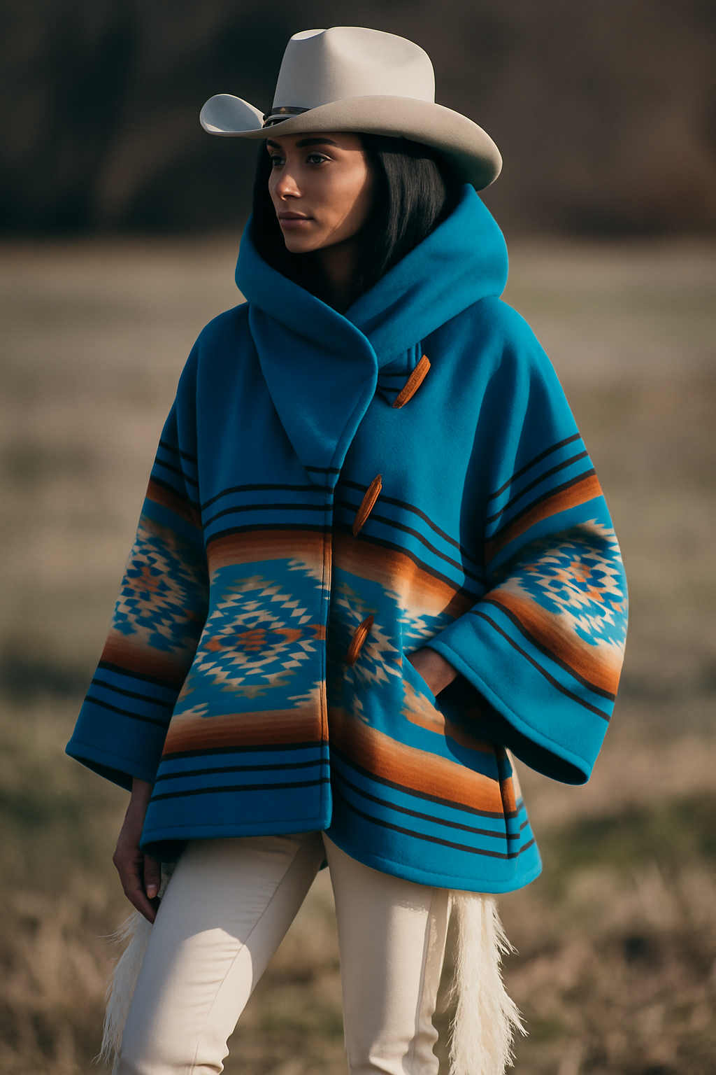 Pinnacle Vista. Luxury wool poncho with traditional woven patterns