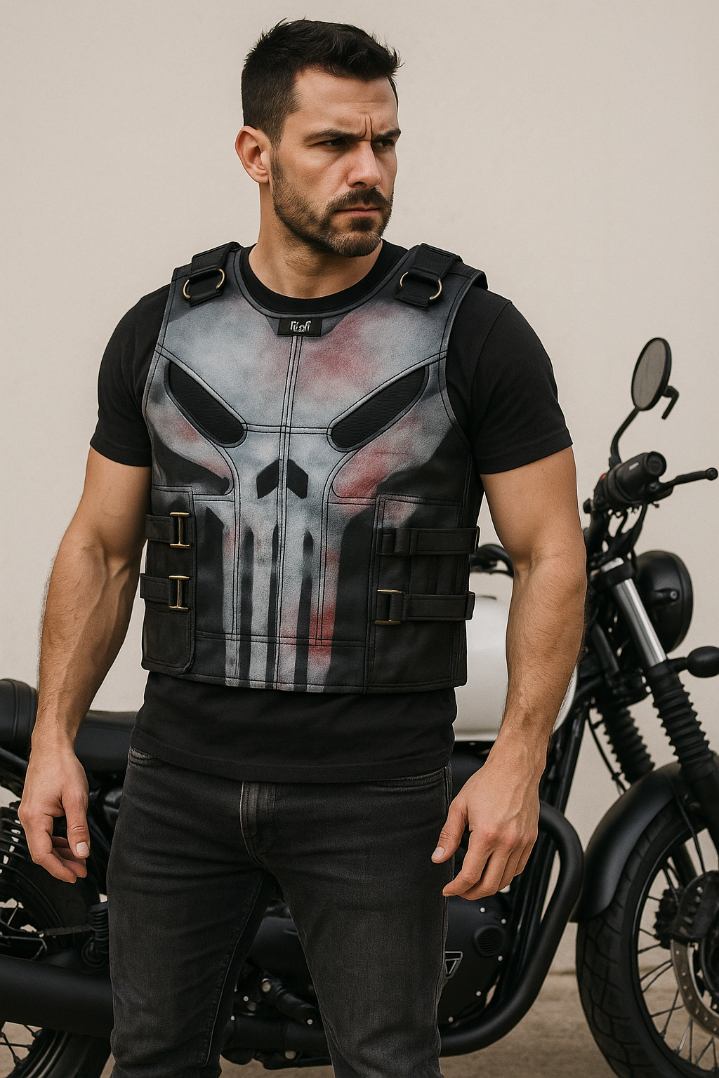 Men’s Black Tactical Punisher Leather Vest – Jon Bernthal Season 2 Inspired Biker Cosplay Outfit | Pinnacle Vista