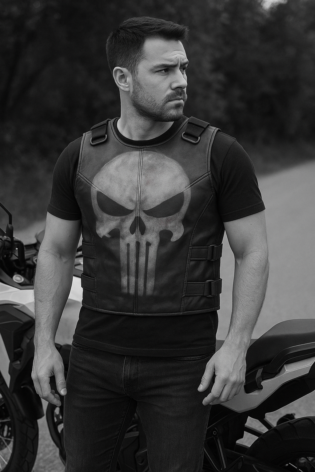 Men's Tactical Punisher Skull Leather Vest – John Bernthal Inspired Biker Jacket | Pinnacle Vista