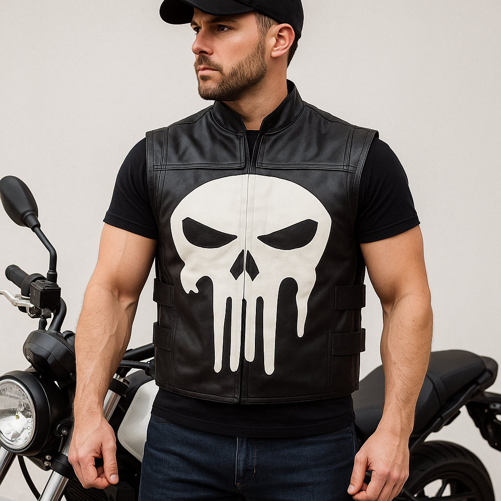 Men's Tactical Punisher Skull Leather Vest – John Bernthal Inspired Biker Jacket | Pinnacle Vista