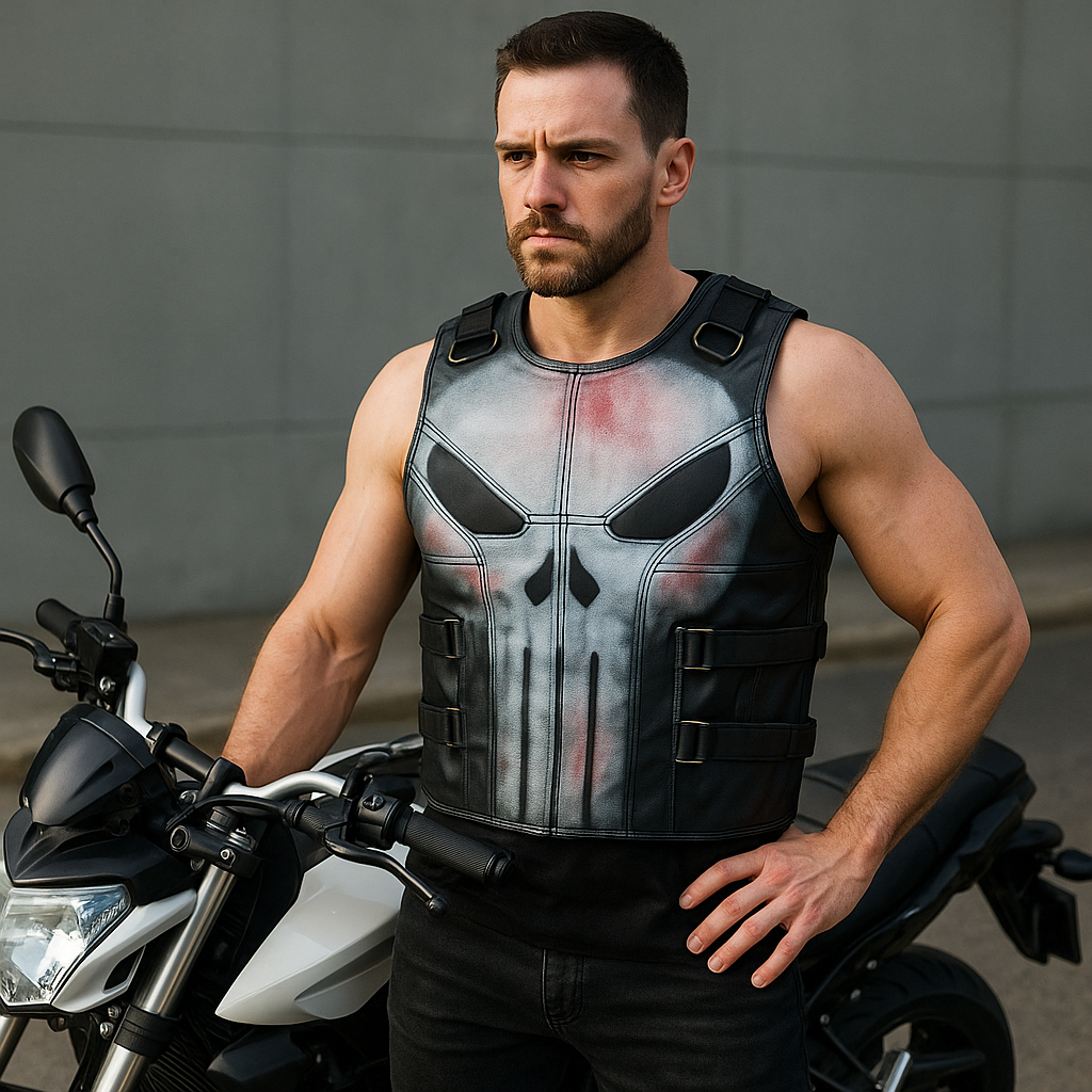 Men’s Black Tactical Punisher Leather Vest – Jon Bernthal Season 2 Inspired Biker Cosplay Outfit | Pinnacle Vista