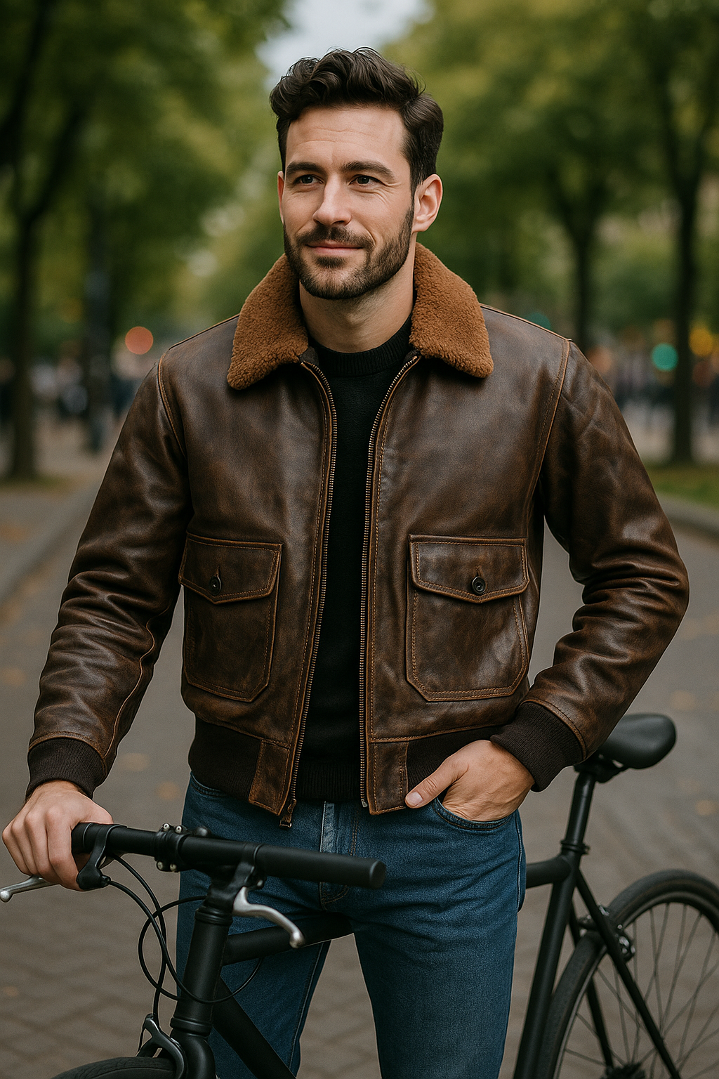 Men’s G-1 Navy Flight Jacket – Real Goatskin Leather Pilot Bomber Coat with Fur Collar | Distressed Brown Military Jacket | Pinnacle Vista