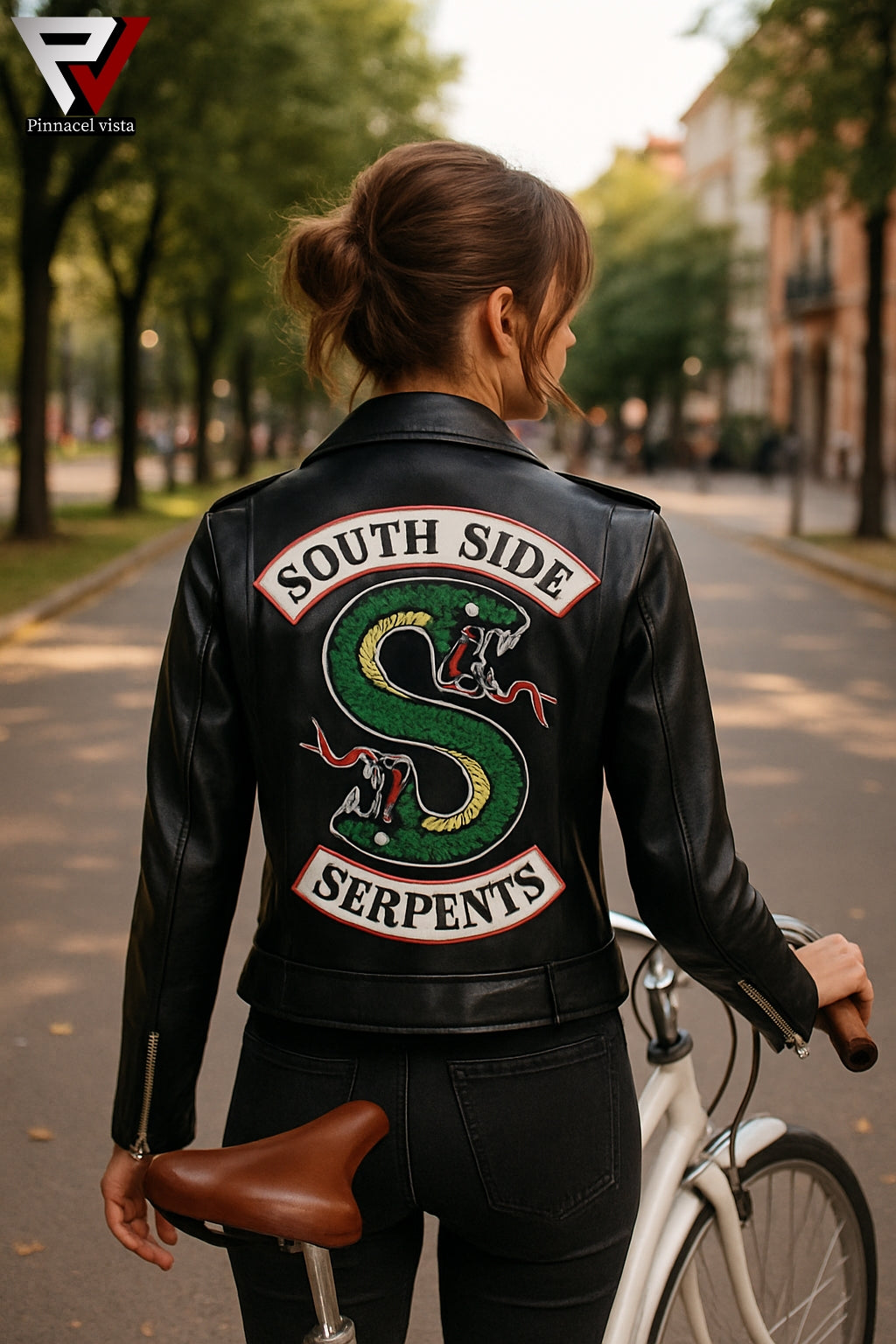 Black leather motorcycle jacket for women – back view