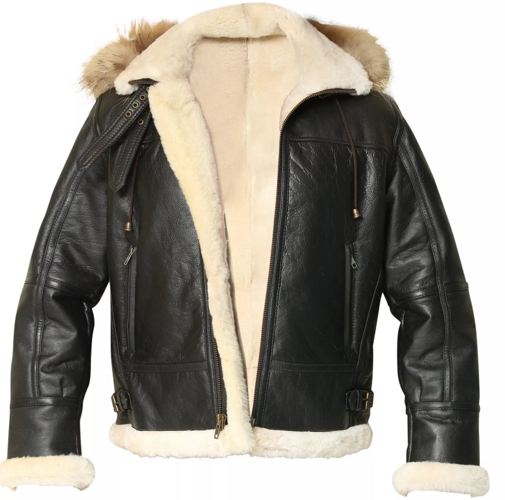 Men’s B3 Bomber Sheepskin Aviator Jacket with Removable Raccoon Fur Hood