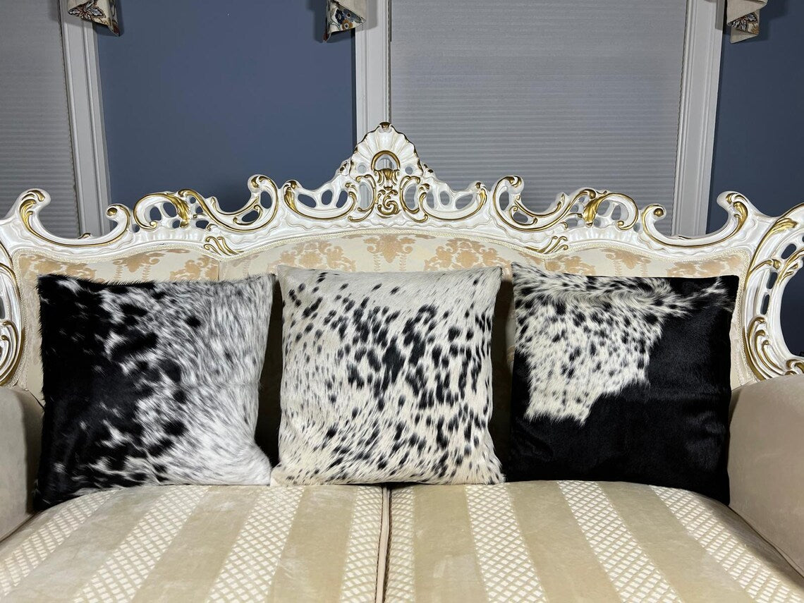 Black & White Cowhide Pillow Covers – 16x16 Handmade Hair-On-Hide Throw Cushion Covers | Rustic Western Home Decor by PinnacleVista