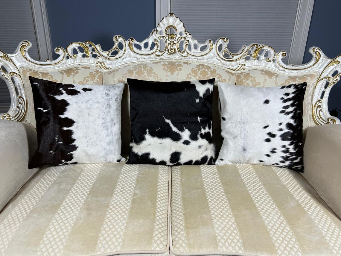 Black & White Cowhide Pillow Covers – 16x16 Handmade Hair-On-Hide Throw Cushion Covers | Rustic Western Home Decor by PinnacleVista